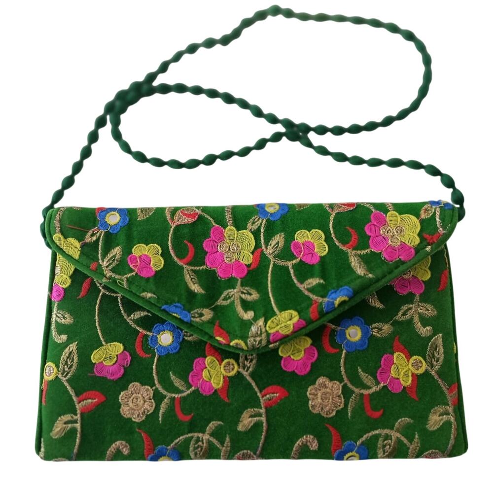 Boho embroidered green handmade shoulder purse Ditsy FloralColorful unique